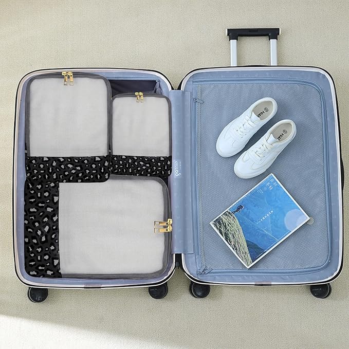 4 Set Packing Cubes Travel Luggage Organizers for Suitcase Travel Accessories for Women Girls Aesthetic Cute-Black Leopard Cheetah Pattern