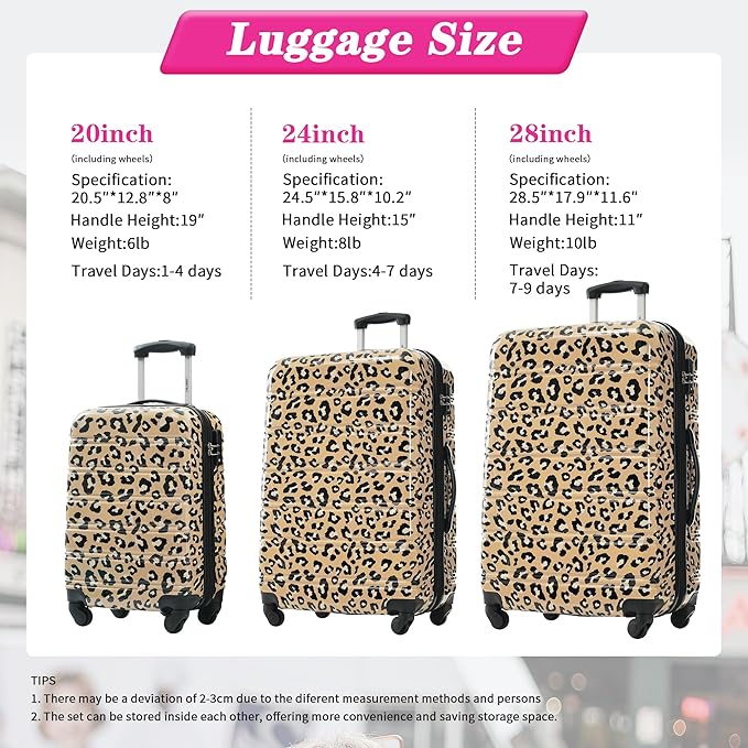 Merax Suitcase Set, Hardshell Luggage Sets 3 Piece with Spinner Wheels, Expandable Durable Suitcase with TSA Lock Lightweight 20" 24" 28", Brown Leopard