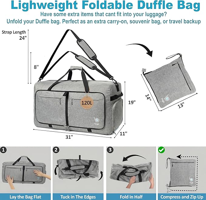 Bago Extra Large Duffle Bag for Travel Women & Men. Durable, Lightweight, Foldable Travel Duffel Bags For Traveling Women. 120L Duffle Bags Use As a Weekender Bag with Shoe Compartment, Checked Duffel