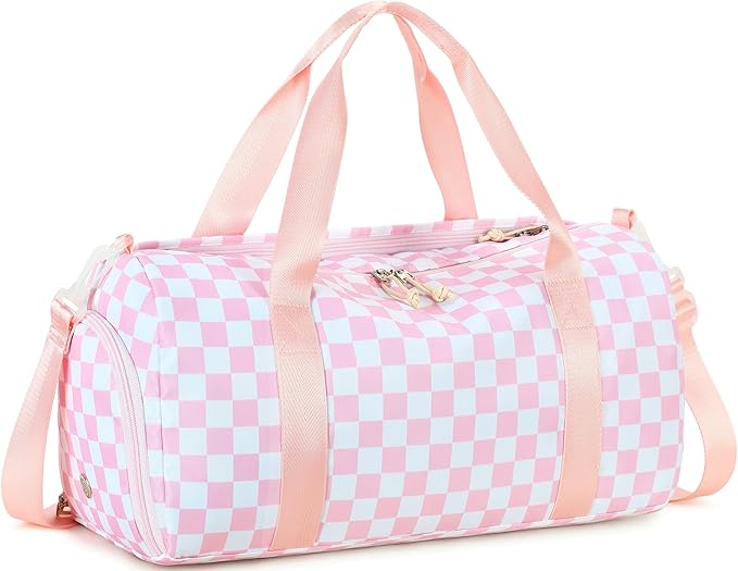LEDAOU Duffle Bag Girls Kids Cute Dance Bag with Shoes Compartment Gym Bag with Wet Pocket Sports Overnight Travel Bag (Pink Checkered)