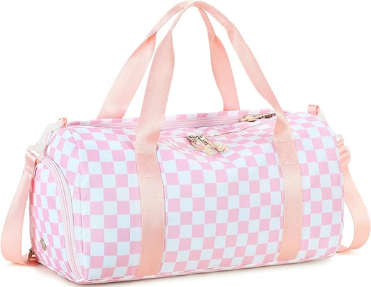 LEDAOU Duffle Bag Girls Kids Cute Dance Bag with Shoes Compartment Gym Bag with Wet Pocket Sports Overnight Travel Bag (Pink Checkered)