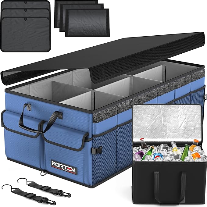FORTEM Trunk Organizer with Cooler For SUV Car Trunk, Foldable Storage, Car Accessories for Women Men, Collapsible Bag, Perfect Christmas Gifts, 600D Oxford, Non Slip Bottom, Straps, Soft Cover (105L)