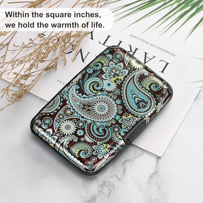 ELFISH Mini RFID Aluminum Wallet Credit Cards Holder Business Card Case Metal ID Case for Men Women (Blue flower)