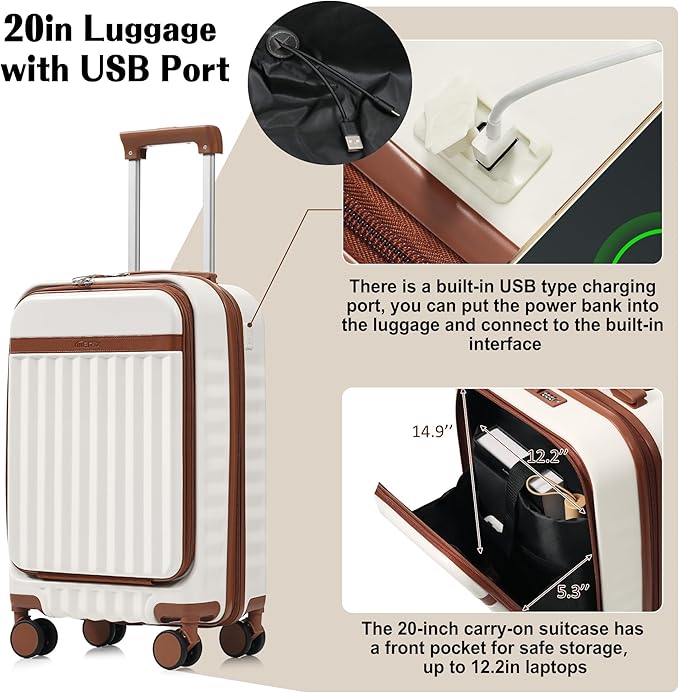 Hardshell Luggage, Lightweight Suitcase with Spinner Wheels, WHITE BROWN+USB