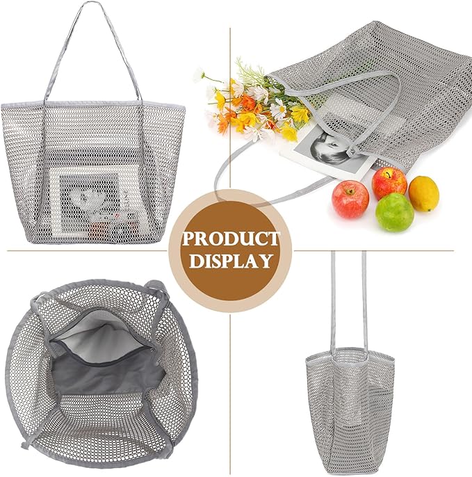 Fammart Mesh Beach Bag, Large Beach Tote with Zipper Pocket, Toys Pool Bag for Family Travel Vacation Cruise Essentials