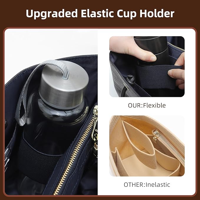 Doxo DupontPaper Purse Organizer Insert for Longchamp LePliage Large,Fixed Handle, Bag Shaper with Key Leash& 16 Compartments, Upgraded Elastic Cup Holder(Black Blue，L)