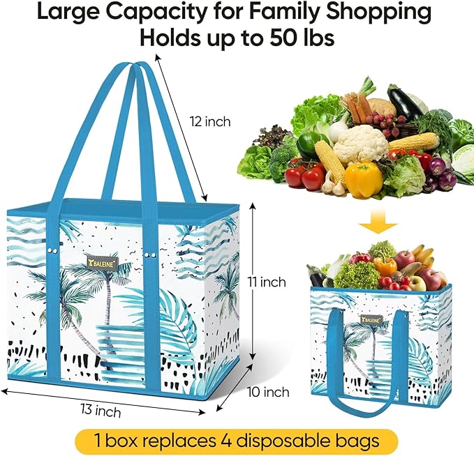 BALEINE 1Pk Reusable Grocery Bags, Foldable Shopping Bags for Groceries with Reinforced Bottom & Handles (Island Breeze)