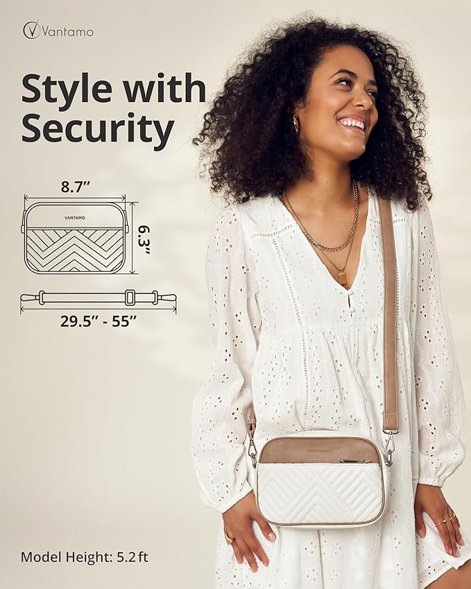 Vantamo Premium Quilted Crossbody Bags for Women with Anti-Pickpocket Clip, Vegan Leather Handbags, Travel Purses for Women