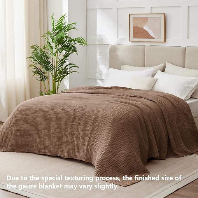 100% Cotton Muslin Blanket Large 50"x 70", Breathable and Lightweight Cotton Throw Blanket for Bed and Couch, Soft Cooling Summer Gauze Blanket for Adults All Season, Linen Brown