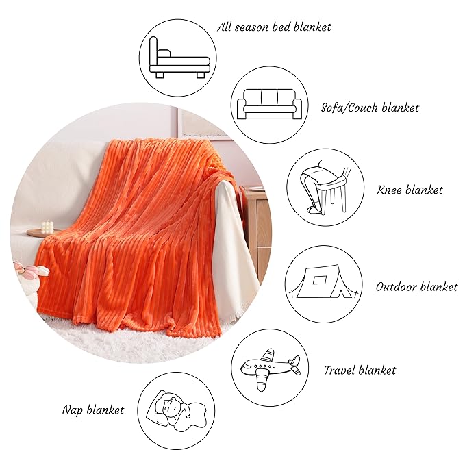 NTBAY Plush Flannel Twin Bed Blanket, 60X80 Inches Soft and Warm Lightweight Blanket with Striped Texture Bed Blanket for Couch Sofa Bed All Seasons, 60"x80", Orange