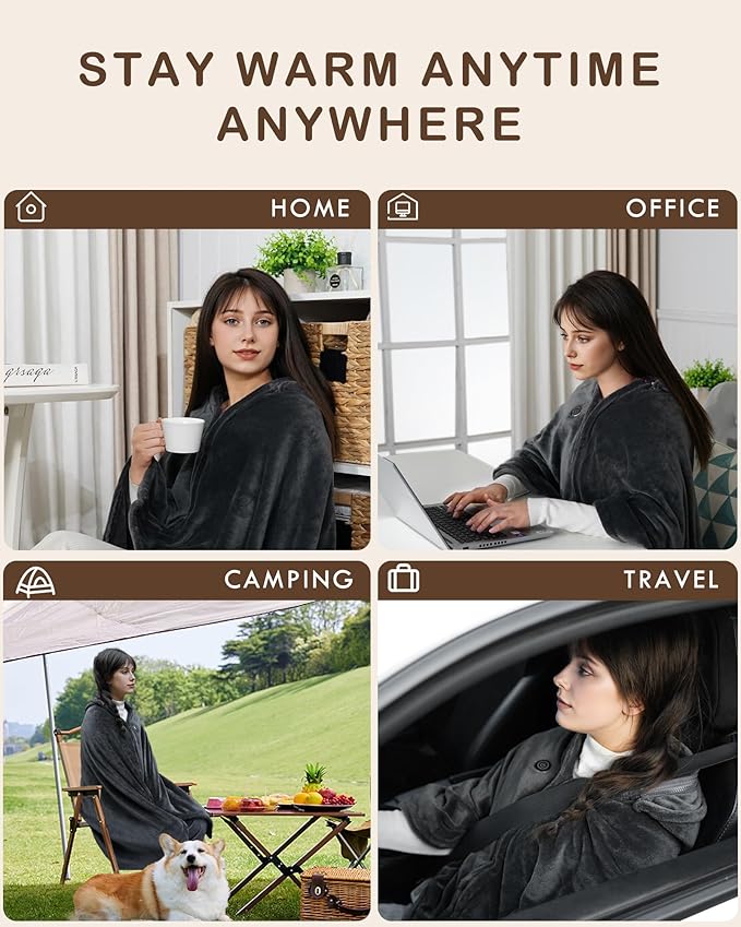 Cordless Heated Blanket Battery Powered; USB Wearable Portable Heated Throw Blanket with Hood, 20000 mAh Battery, 9 Heating Zone, 3-Level; Portable Heated Shawl Cordless; Camping (Warm Stone Gray)