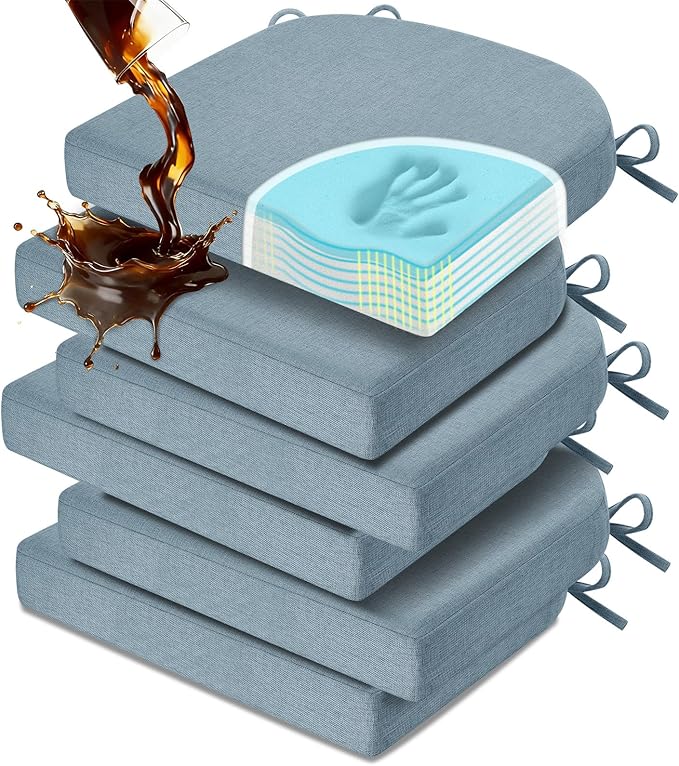 downluxe Chair Cushions for Dining Chairs, Memory Foam Linen Kitchen Chair Pads with Ties, Waterproof, Stain-Resistant and Washable Cover, 17" x 16" x 2.5", Light Blue, 6 Pack