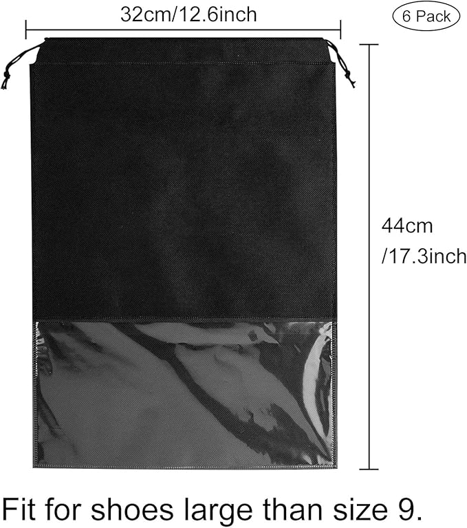 6 Pcs Travel Shoe Bags, ULIFEMALL Large Non-Woven Drawstring Shoes Storage Bag with Transparent Slot Clear Window Portable Waterproof Dustproof Shoes Pouch Packing Organizer for Men Women, Black