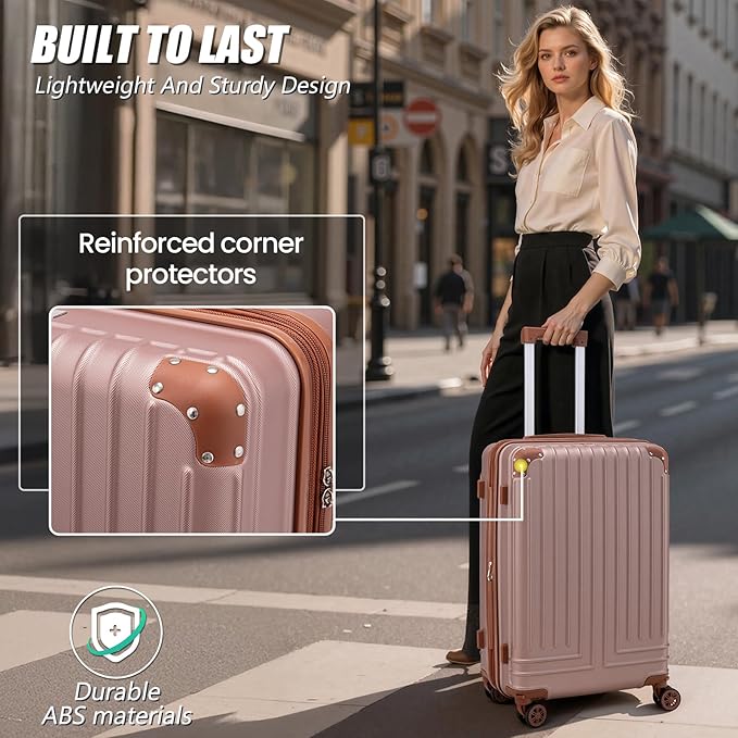 KUNEL Expandable 5 Piece Luggage Sets with Detachable Spinner Wheels and TSA Lock, Unisex Hardside ABS Suitcase Set, Hardshell Lightweight Waterproof Travel Hard Case Suitcases with Wheels, RoseGold