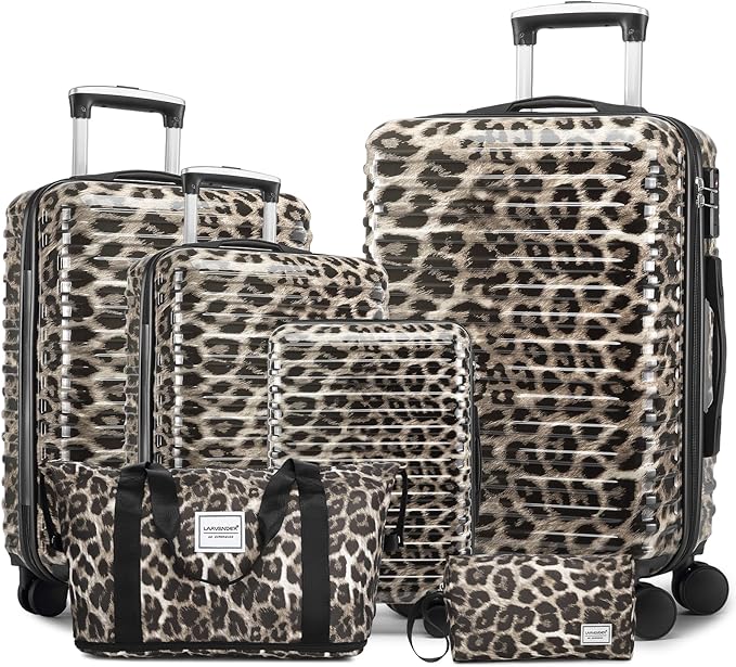 LARVENDER Luggage 6 Piece Expandable Luggage Hardshell PC+ABS Leopard Suitcase with Spinner Wheels TSA Lock, Lightweight Rolling Suitcase for Women, Cheetah Print