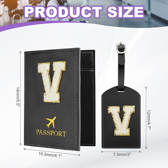 PATIKIL Passport Holder for Travel, Initial Passport Cover and Luggage Tag Set with Alphabet Chenille Letter Patch Travel Wallet Bag Suitcase Identifier for Women Family Travel Black V