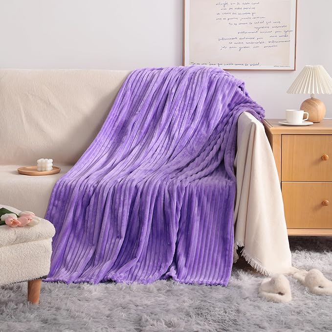 NTBAY Plush Flannel Twin Bed Blanket, 60X80 Inches Soft and Warm Lightweight Blanket with Striped Texture Bed Blanket for Couch Sofa Bed All Seasons, 60"x80", Purple
