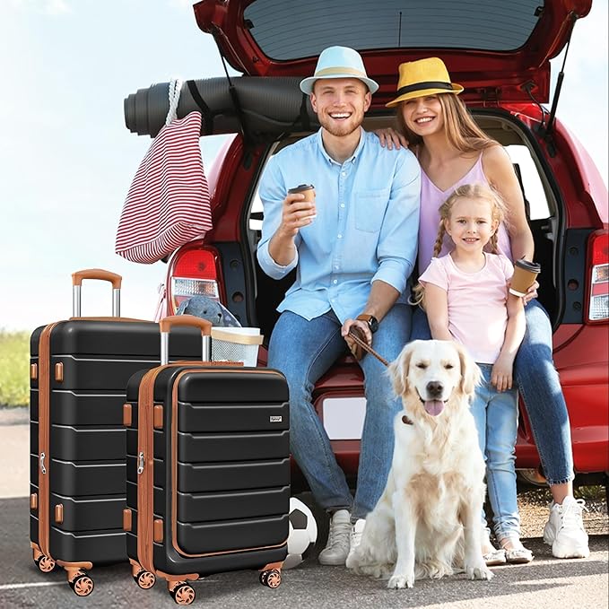 SmileLine 3-Piece Luggage Set Lightweight Hardside Suitcase TSA Lock Spinner Wheels, 20" Expandable Carry-On Luggage with Quick Access Front Open Pocket, Bonus Makeup Bag,Apricot Black