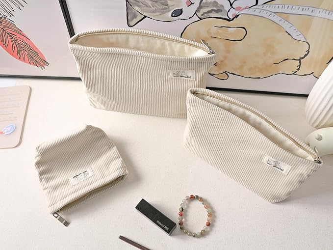 HAPPYHEIDI Large Corduroy Makeup Bag with Compartment Cosmetic Toiletry Travel Pouch Office Car Accessory Organizer, Soft Creamy White