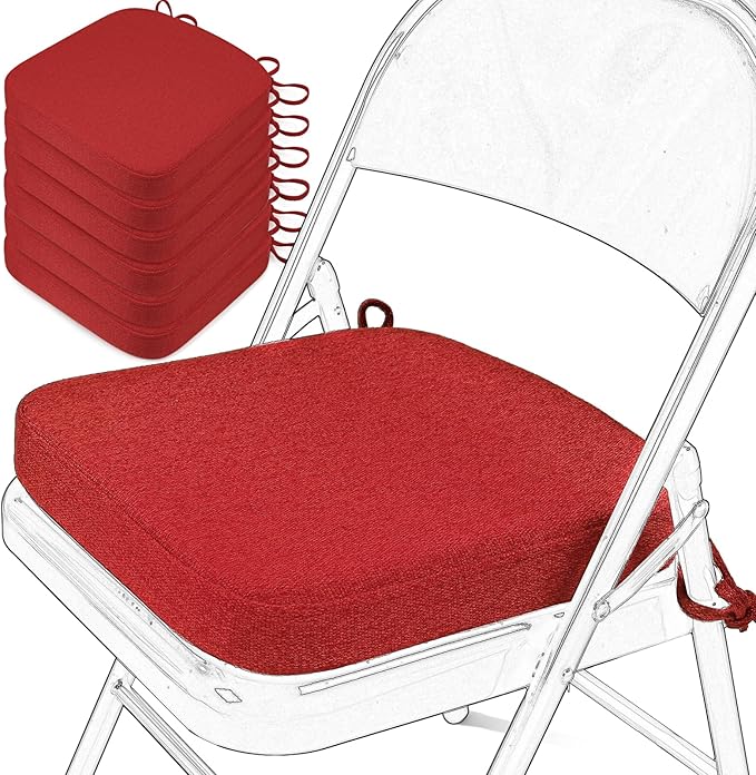 SINOSSO Memory Foam Chair Cushions for Folding Chairs 6 Pack, Thickened 2" Square Pads with Ties for Kitchen Chairs, Indoor Non-Slip Dining Chair Seat Cushions (6 Pcs, Red)