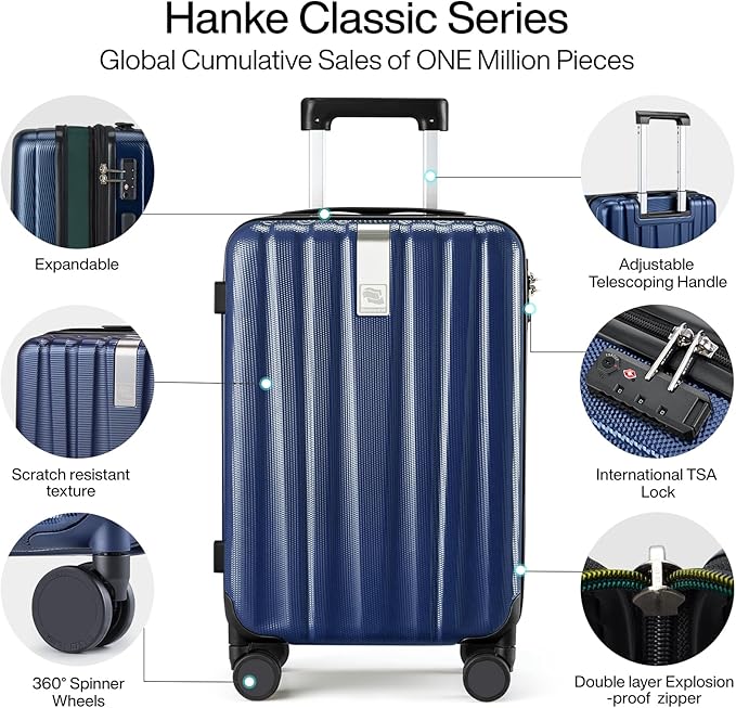 Hanke 24 Inch Expandable Checked Luggage Lightweight PC Hard Case Luggage Suitcases with Wheels Travel Luggage Rolling Large Suitcase Travel Luggage Bag for Go to University.(Dark Blue)