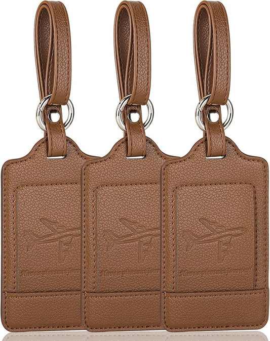 3 Pack Luggage Tags - Quick Install, Privacy Protection, Airplane Travel Essentials for Suitcases, Durable Leather - Lichee Coffee