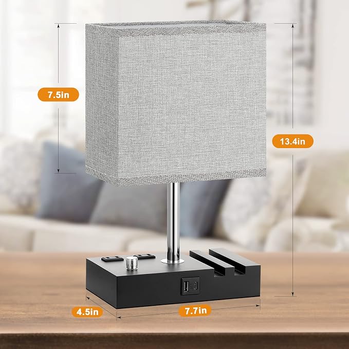 Kakanuo Grey Bedside Table Lamps Set of 2 - Dimmable, USB C+A, 2 AC Outlets | Dimming By Rotary Knob, USB C+A Ports, 2 Phone Stands, LED Bulbs Included, Rectangle Grey Lampshade, for Living Room, Desk