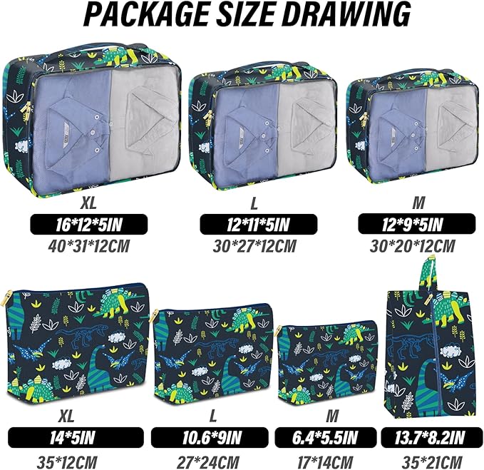 Packing Cubes for Kids 7 Set Travel Luggage Organizers for Suitcase Travel Accessories with Shoe Bag for Women Girls Cute Aesthetic Art-Green Dinosaur