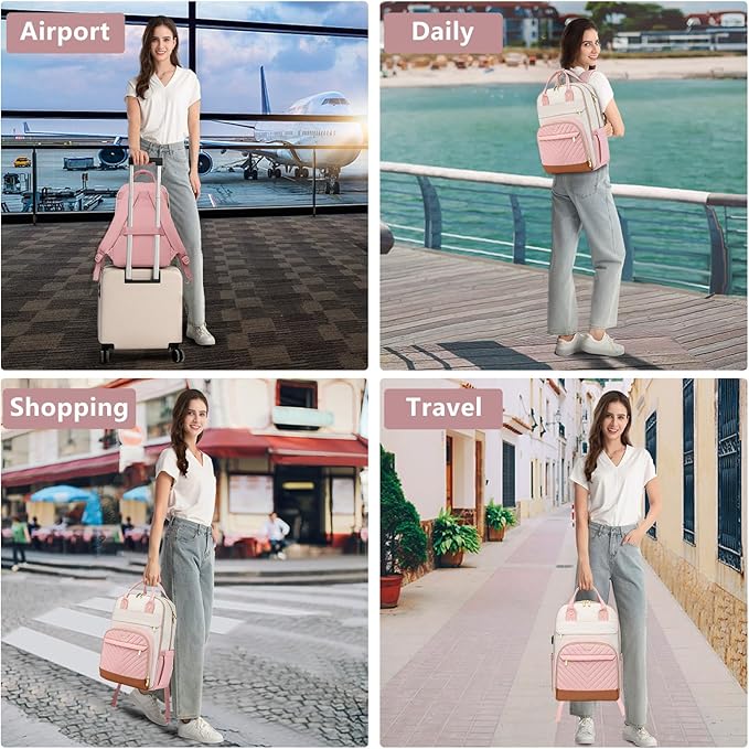 Laptop Backpack for Women Work Bag - 15.6 inch Travel Backpack Purse with USB Charger College Bookbag Waterproof Cute Casual Daypack Fashion Business Computer Backpacks for Teacher Nurse Pink Beige