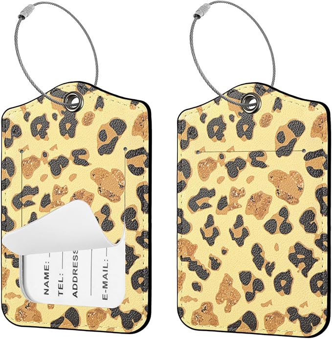 Seorsok 2 PCS Luggage Travel Tags for Suitcases,Cute Black Leopard PU Leather Name Tag with Privacy Cover&ID Label Address Card and Durable Metal Ring Suitable for Men Women Handbags Backpack,Golden