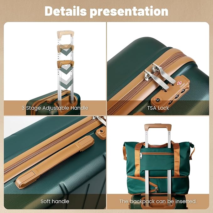 5 Piece Luggage Sets, Suitcases with Wheels ABS Hardshell Carry-On for Family and Business Travel | TSA Lock, 360° Silent Spinner Wheels(20/24/28/DB/TB Green)