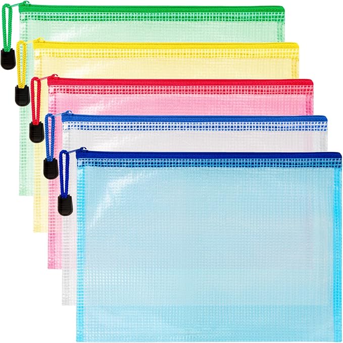Mesh Zipper Pouch Bags - 5 Pack Waterproof Zipper Bags 6.8x9.4 Inch A5 Clear Mesh Storage Pouches Assorted Colors for Home, Office, School, Travel, Puzzles, Cosmetic, Accessories