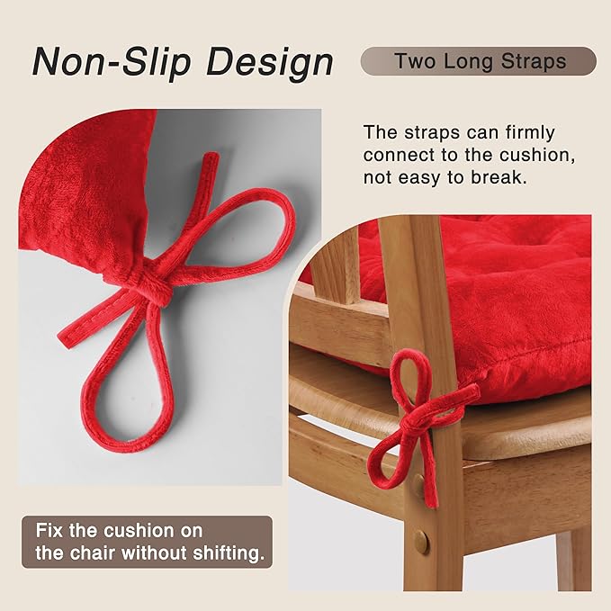 OVOV 4 Pack Chair Cushions for Dining Chairs Soft Seat Cushions for Kitchen Desk Chairs Square Chair Pads with Ties (15.5"x15.5" Red)