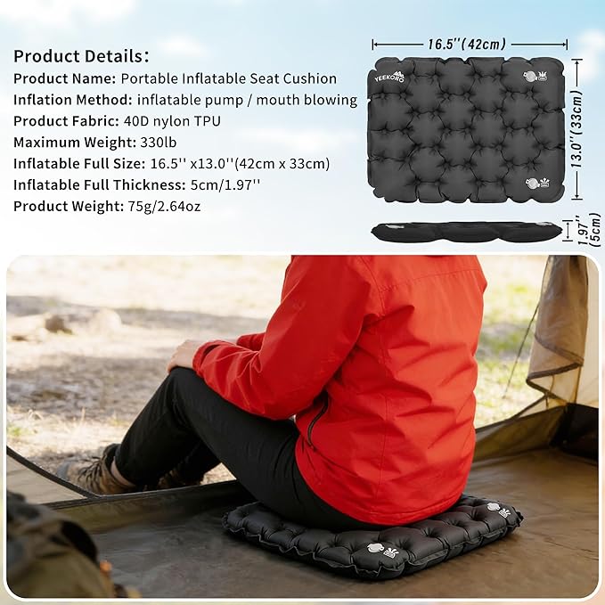 Inflatable Seat Cushion, Lightweight Camping Air Sitting Pad with Repair Cloths, Waterproof Air Cushion, Portable Air Seat Cushion for Climbing Hiking Office Airplane Car Stadium Seat