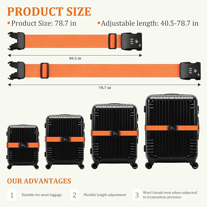 Chelmon Luggage Straps TSA Approved for Suitcases with Luggage Lock, Heavy Duty Adjustable Buckle Belt Anti Burst, Bright Colors Easy to Identify