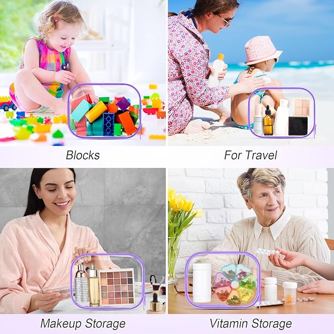 Sanwuta 6 Pcs Clear Hard Zipper Case Plastic Zipper Pouches Transparent Makeup Bag Pencil Case Pouches Toiletry Diaper Bag for Travel Toy Storage Organizer Bins(Purple,7.87 x 5.9 x 2 Inch)