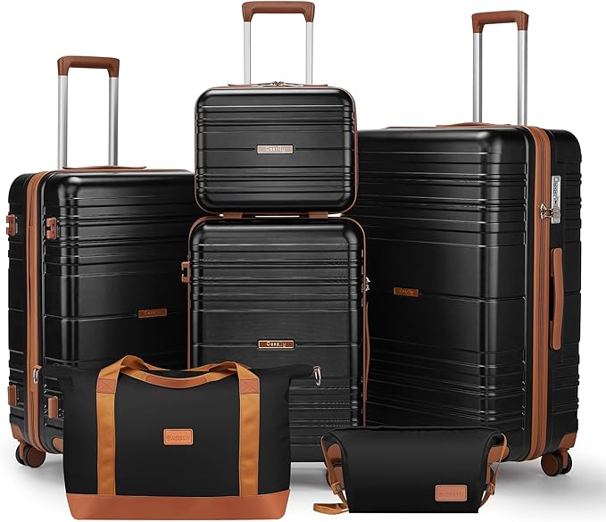 Luggage Sets 6 Piece with Spinner Wheels, Lightweight Hardshell Suitcase Set with TSA Lock, Carry On Checked Luggage Set with YKK Zippers (Black, 6 piece sets（14/20/24/28/DB/TB）)