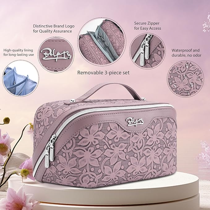 BOYATU Travel Makeup Bag Cosmetic Bags for Women: Large Capacity 3 Pcs Set Make up Bag with Compartments - Waterproof Vegan Leather Toiletry Organizer Bags with Handle (Z-64Purple)