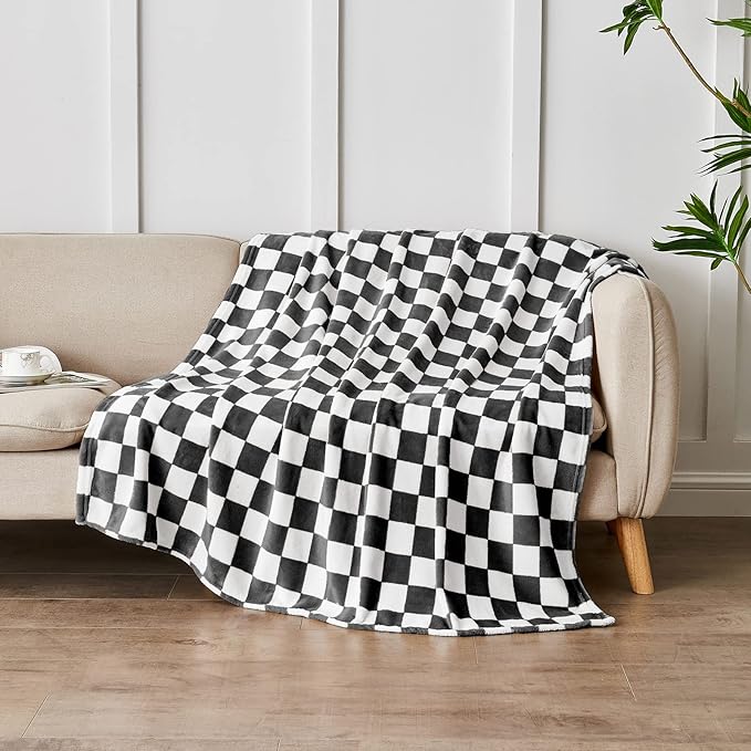 Checkered Blanket Flannel Throw Blankets Soft Cozy Checkered Grid Print Chessboard Gingham Pattern Throws for Bed Sofa Couch for All Seasons, 60x80 Inch, Black