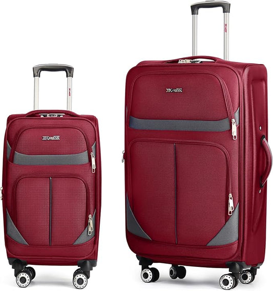 2-Piece Set Front Opening,Softside Luggage Sets w/Double Spinner Wheels Expandable Luggage,Lightweight Travel Luggage Rolling Suitcase w/LOCK（Burgundy-Grey,20in/28in）