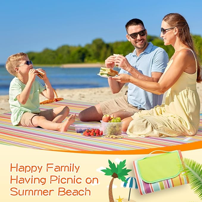 Shellwei 6 Pcs Beach Blankets Waterproof Sandproof Extra Large 80 x 60 Inch Outdoor Picnic Blankets Foldable Portable Beach Mat Tote Travel Supplies for Camping Park Grass(Rainbow Stripes)
