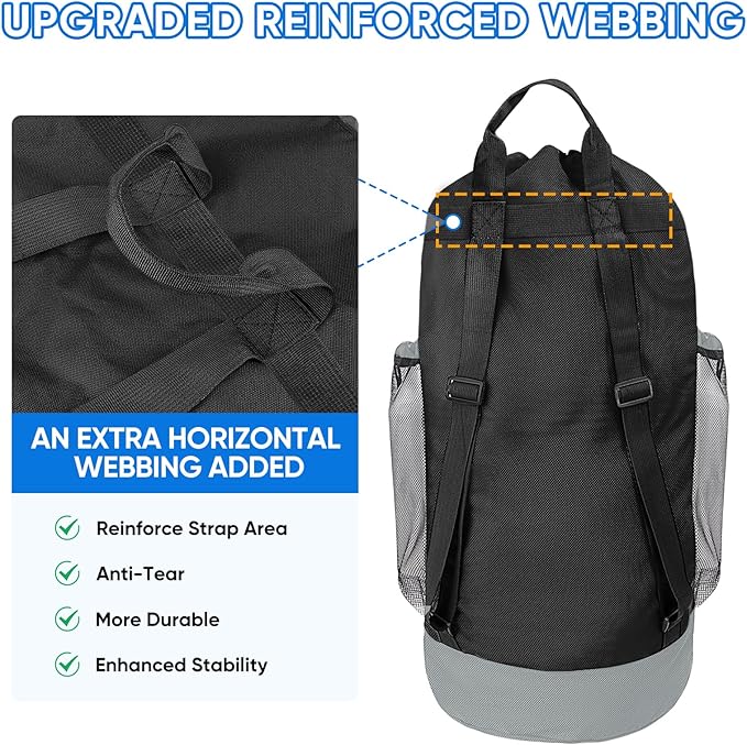 BALEINE 2PK 120L Laundry Bag Backpack, 900D Oxford Fabric Large Travel Laundry Bags with Shoulder Straps and 2 Mesh Pockets for College Dorm, Apartment, Laundromat (Black, 120L)