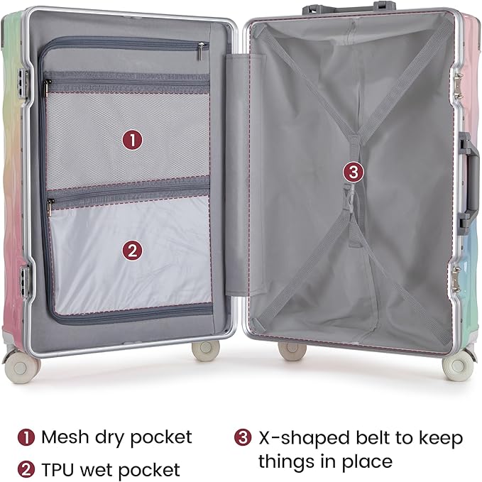 20 Inch Carry On Luggage with Spinner Wheels,Aluminum Frame PC Hard Shell Suitcase with USB Port,Lightweight Travel Luggage Airline Approved for Men Women, Colorful