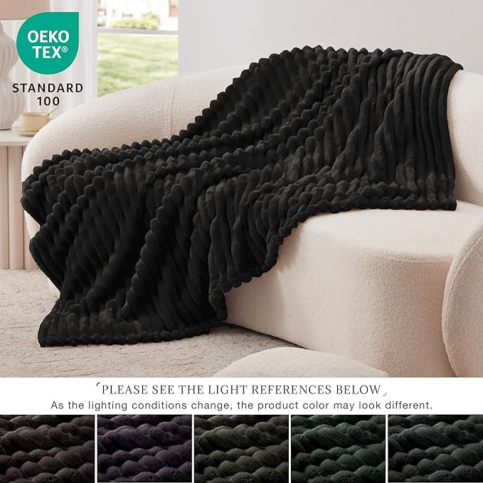 EXQ Home Fleece Blanket Queen Size for Couch or Bed - 3D Stripe Jacquard Decorative Blankets - Cozy Soft Lightweight Fuzzy Flannel Blanket Suitable for All Seasons(90"×90",Black)