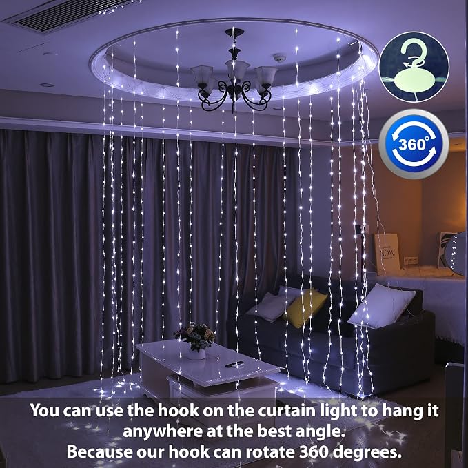 HXWEIYE 300LED Fairy Curtain Lights, 9.8x9.8Ft USB, Remote, Tangle-Free | 8 Modes & Timer, Dimmable, Christmas String Hanging Lights for Bedroom, Wedding Backdrop and Indoor Wall Decor, White