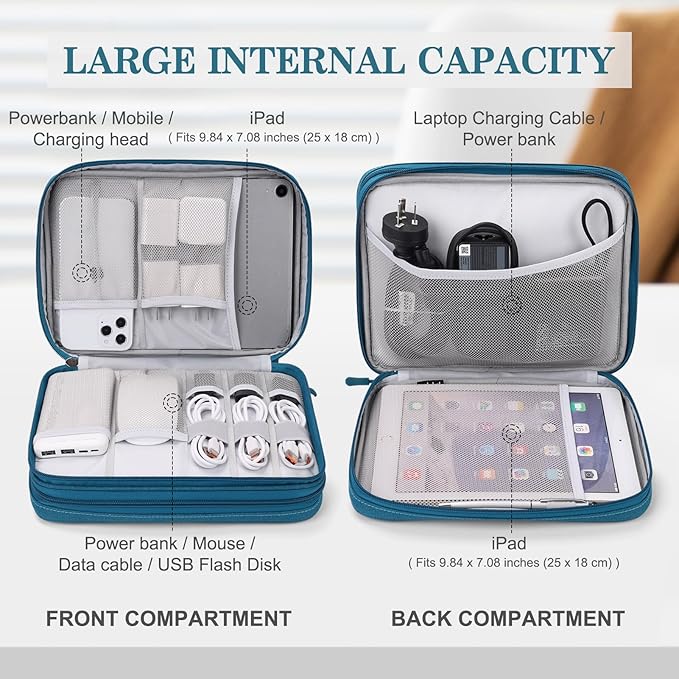 FYY Electronic Organizer, Extra Large Travel Cable Organizer Bag Pouch Portable Waterproof Double Layers All-in-One Storage Bag for iPad, Cable, Power Bank, Laptop Charger for Office/Home, Dark Green