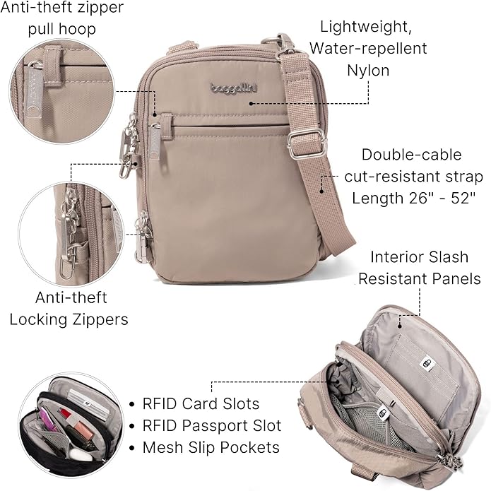 Baggallini Securtex® Anti-theft Mini Everything Crossbody Bag, 6.3"x8.25" Rfid, Locking Zippers & Cut-resistant Strap