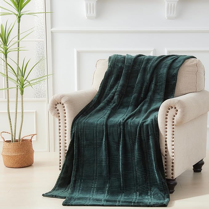 Soft Cozy Plaid Fleece Twin Siz Blanket, 60x80 Inches – 3D Jacquard Diamond Design, Lightweight Blanket for Couch, Sofa, Camping & Travel, Forest Green