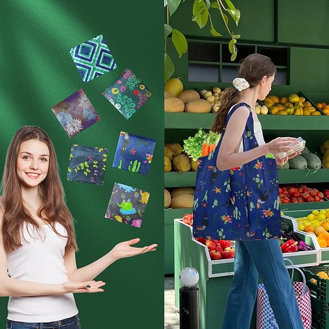 6 Pack Reusable Grocery Bags Heavy Duty with Handles, Reusable Shopping Bags for Women, Foldable, Washable for Store, Travel