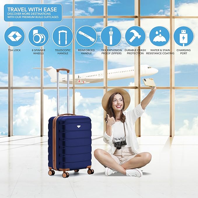 Flight Knight 24x16x10 Expandable Carry On Suitcase Hardside TSA Lock USB C Lightweight Luggage Silent Double Spinner Wheels Maximum Overhead Carry-On Bag For Virgin South West Approved Navy/Tan